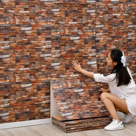 Brown 3D Faux Brick Wall Sticker – Waterproof Self-Adhesive Wallpaper for Bedroom & Living Room Decor (1 Piece)