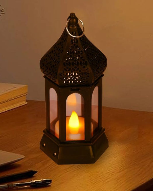Antique Black LED Candle Lamp – Hexagonal Wind Lantern for Home Décor & Gifts