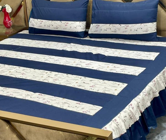 Luxury Frill Patchwork Double Bedsheet Set – 3 Pcs