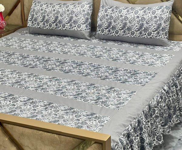 Luxury Frill Patchwork Double Bedsheet Set – 3 Pcs